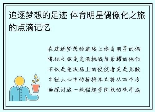 追逐梦想的足迹 体育明星偶像化之旅的点滴记忆
